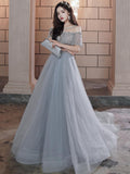 Beautiful Beaded Off Shoulder Tulle Prom Dress, A-line Grey Evening Dress Party Dress HZ1023