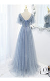A line Light Sky Blue Tulle Prom Dresses HZ1023