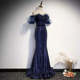 Mermaid Navy Blue Sequin Prom Dresses Sexy Evening Dress HZ1023