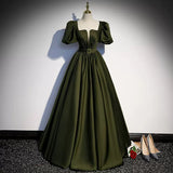Ball Gown Puffy Sleeves Dark Green Long Prom Dresses HZ1023
