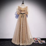 A line Short Sleeves Gold Prom Dresses Sexy Evening Dress HZ1023