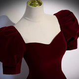 A line Short Sleeves Burgundy Velvet Long Prom Dresses HZ1023