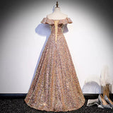 A line Off the Shoulder Pink Sequin Long Prom Dresses HZ1023