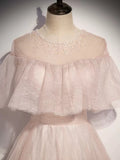 A line Short Sleeves Tulle Pink Prom Dresses HZ1023