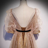 A line Short Sleeves Gold Prom Dresses Sexy Evening Dress HZ1023