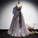 A line Short Sleeves Long Tulle Prom Dresses HZ1023