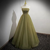 Simple A line Tulle Green Long Prom Dresses HZ1023