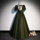 Ball Gown Puffy Sleeves Dark Green Long Prom Dresses HZ1023
