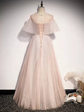 A line Short Sleeves Tulle Pink Prom Dresses HZ1023