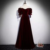Princess Velvet Short Sleeves Long Red Prom Dresses HZ1023