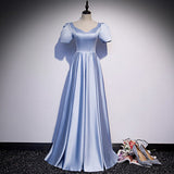 A line Short Sleeves Light Sky Blue Prom Dresses HZ1023
