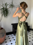 Green Sheath Halter Bow Satin Open Back Prom Dress Graduation Prom Dress HZ1023
