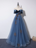 Off Shoulder Tulle Gray Blue Long Prom Dress, Blue Formal Dress HZ1023