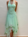 Vintage A Line Halter V Neck Ruffle Green Tulle Short Homecoming Dress Evening Dress HZ1023