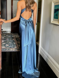 Blue Sheath Halter Bow Satin Open Back Prom Dress Graduation Prom Dress HZ1023