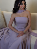 Lilac A Line Strapless Beaded Satin Long Prom Dress Evening Dress HZ1023