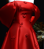 Elegant A Line Off the Shoulder 3D Flower Red Satin Prom Dress Evening Dress HZ1023