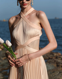 Elegant A Line Halter Pleated Satin Open Back Prom Dress Vacation Dress HZ1023