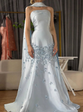 Blue Sky A Line Strapless Appliques Satin Long Prom Dress Evening Dress HZ1023