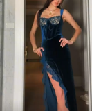 Sexy Slit Velvet Lace Long Prom Dress Evening Dress HZ1023