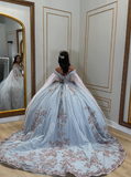 Shiny Baby Blue Ball Gown Off the Shoulder Sequin Tulle Sweet 16 Dress Party Gowns Quinceanera Dresses HZ1023