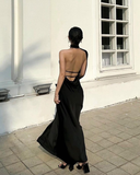 Black Halter Backless Sexy Satin Prom Dress HZ1023