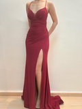 Inspiration Mermaid Spaghetti Strap Red Satin Prom Dress Evening Dress with Slit HZ1023