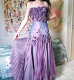 Vintage Purple A Line Strapless Flower Beaded Sequin Satin Tulle Prom Dress Gown HZ1023