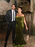 Elegant Mermaid Off the Shoulder Green Velvet Long Prom Dress Evening Dress HZ1023