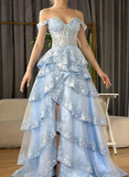 Blue A Line Off the Shoulder Appliques Tiered Petal Tulle Prom Dress Evening Dress HZ1023