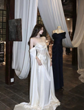 Elegant White A Line Long Sleeve Lace Satin Prom Dress Evening Dress Formal Gown HZ1023
