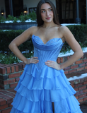Unique A Line Sweetheart Neck Blue Lace Satin Chiffon Long Prom Dress Evening Dress HZ1023