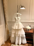 White A Line Spaghetti Strap Layered Lace Organza Prom Dress Evening Dress Date Dress HZ1023