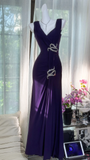 Retro Sexy Dark Purple Beaded Mermaid V Neck Chiffon Evening Dress Party Dress HZ1023