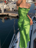 Simple Green Sheath Spaghetti Strap Satin Open Back Prom Dress Party Dress HZ1023