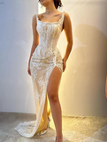 Sexy Sheath Strapless Ivory Lace Prom Dress Evening Dress with Slit HZ1023
