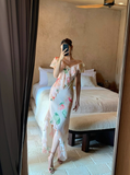 Light Pink Mermaid V Neck Print Floral Ruffle Chiffon Summer Dress Party Dress Outfits with Slit HZ1023