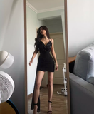 Sexy Sheath Straps Butterfly Sequin Black Chiffon Short Homecoming Dress Cocktail Dress HZ1023