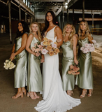 Simple Sheath Spaghetti Strap Sage Green Satin Evening Dress Bridesmaid Dress HZ1023