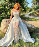 Charming A Line Strapless White Lace Satin Prom Dress Evening Dress HZ1023