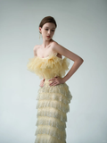 Yellow Sheath Strapless Layered Tulle Sequin Party Dress Prom Dress Formal Gown HZ1023
