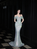 Shiny Mermaid Off the Shoulder Silver Sequin Long Evening Dress Ball Gown HZ1023