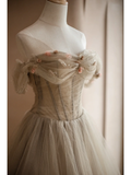Light Camel A Line Off the Shoulder Floral Tulle Long Party Dress Prom Dress Formal Dress HZ1023
