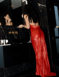 Sexy Sheath Halter Red Satin Long Open Back Prom Dress Evening Dress HZ1023