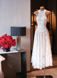 Elegant White A Line Round Neck Lace Long Prom Dress Evening Dress HZ1023