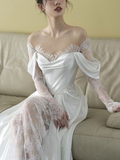 Charming White Satin Lace Long Prom Dress Wedding Dress HZ1023
