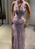 Purple Sheath V Neck Beaded Lace Open Back Prom Dress Evening Dress with Slit HZ1023