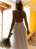 Elegant A Line Spaghetti Strap Appliques Tulle Long Sweep Open Back Wedding Dress HZ1023
