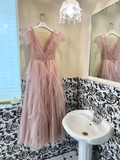 Classic Pink A Line V Neck Beaded Tulle Long Party Dress Prom Dress Formal Dress HZ1023