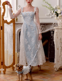 Gentle Baby Blue Satin White Lace Long Sleeve Prom Dress Party Dress Birthday Dress HZ1023